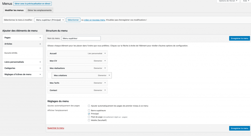 Modification de menu WordPress