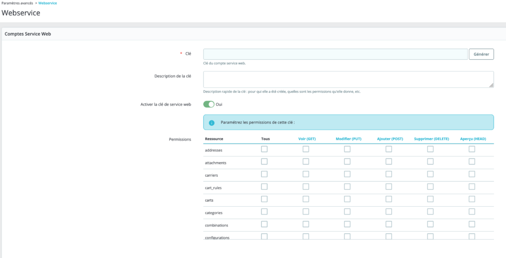 Ajouter une clé WebService